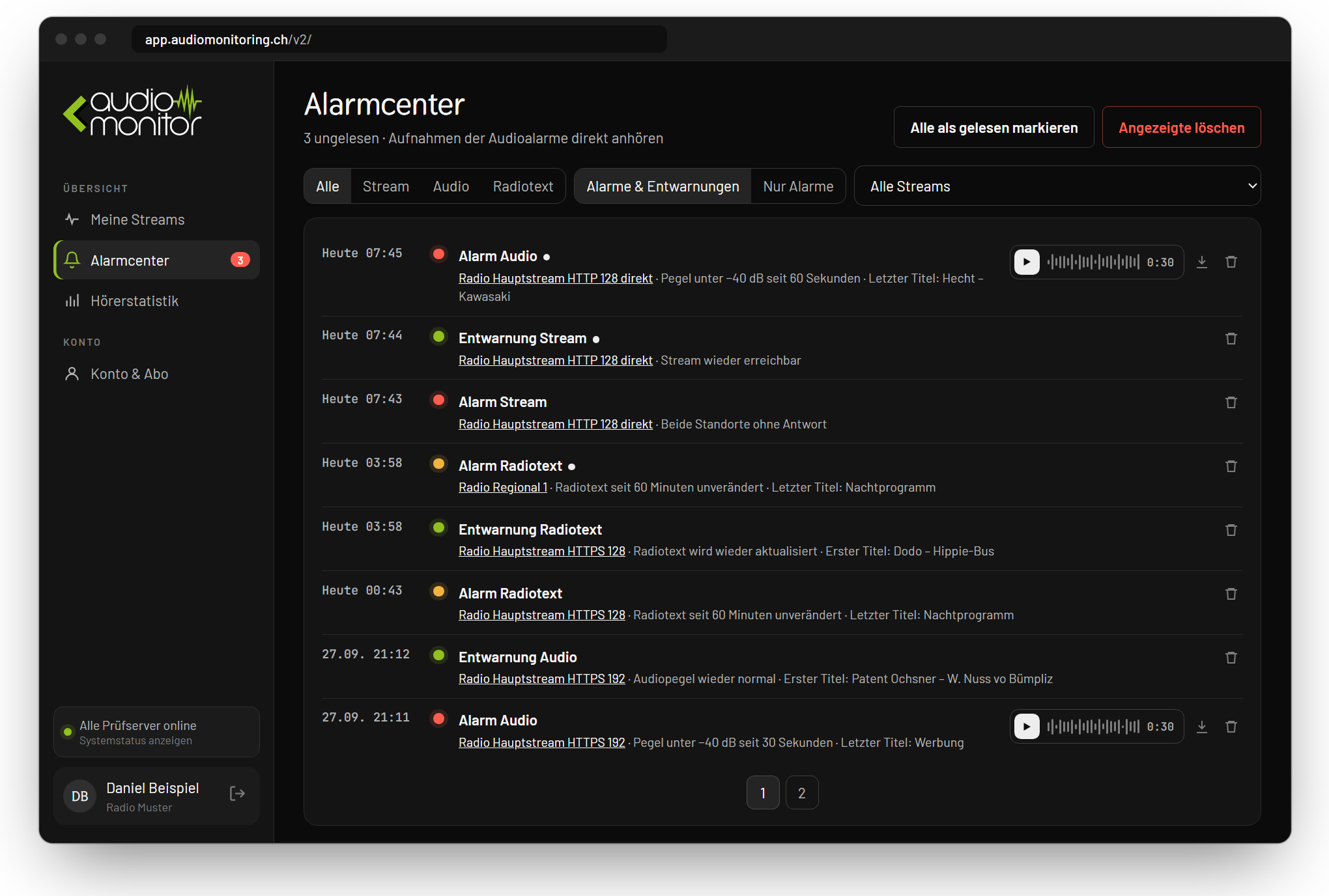 Alarmcenter mit abspielbaren Aufnahmen der Audioalarme